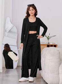 青少年女孩開門襟外套&背心上衣和褲子 - 黑色 - 查看 3