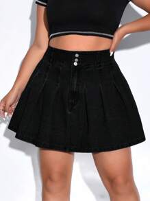 SHEIN Qutie Plus High Waist Pleated Hem Denim Skirt - Black - View 1