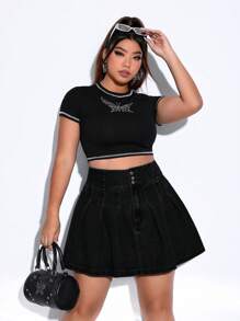 SHEIN Qutie Plus High Waist Pleated Hem Denim Skirt - Black - View 3