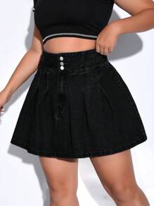 SHEIN Qutie Plus High Waist Pleated Hem Denim Skirt - Black - View 4