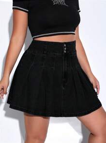 SHEIN Qutie Plus High Waist Pleated Hem Denim Skirt - Black - View 5