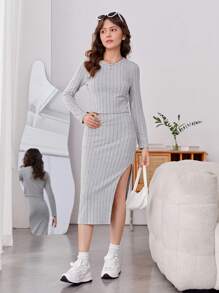 青少年女孩條紋針織T恤&高衩半身裙 - 灰色 - 查看 5