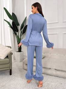 Slumberist Solid Belted PJ Set / Pajama Set, Fall Winter Clothes - Dusty Blue - View 8