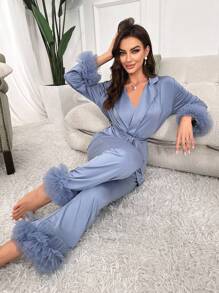Slumberist Solid Belted PJ Set / Pajama Set, Fall Winter Clothes - Dusty Blue - View 10