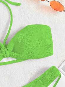 Plain Halter Bikini Set - Green - View 4