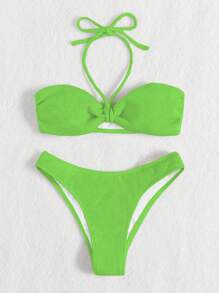 Plain Halter Bikini Set - Green - View 5