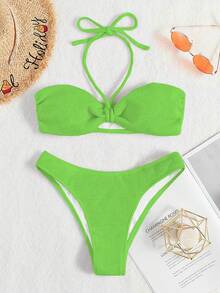 Plain Halter Bikini Set - Green - View 6