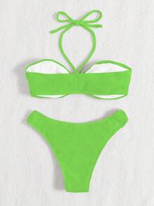 Plain Halter Bikini Set - Green - View 7
