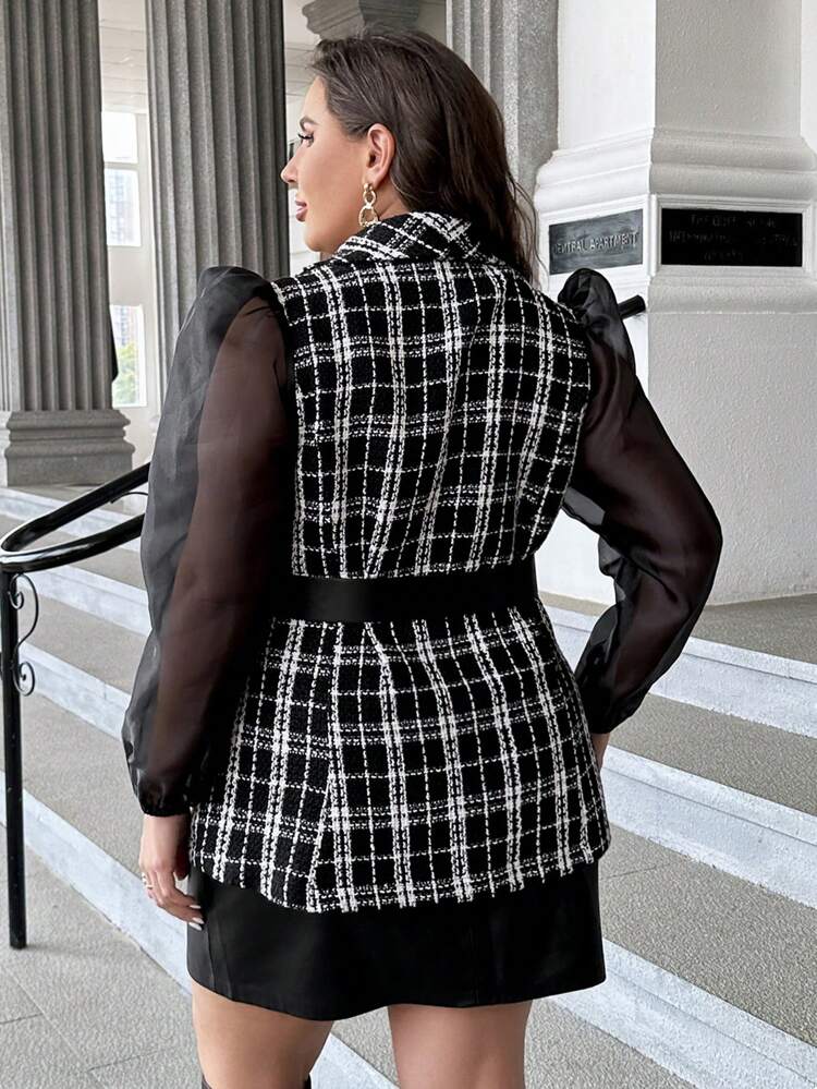 Plus Plaid Pattern Contrast Mesh Lantern Sleeve Overcoat Without Belt
