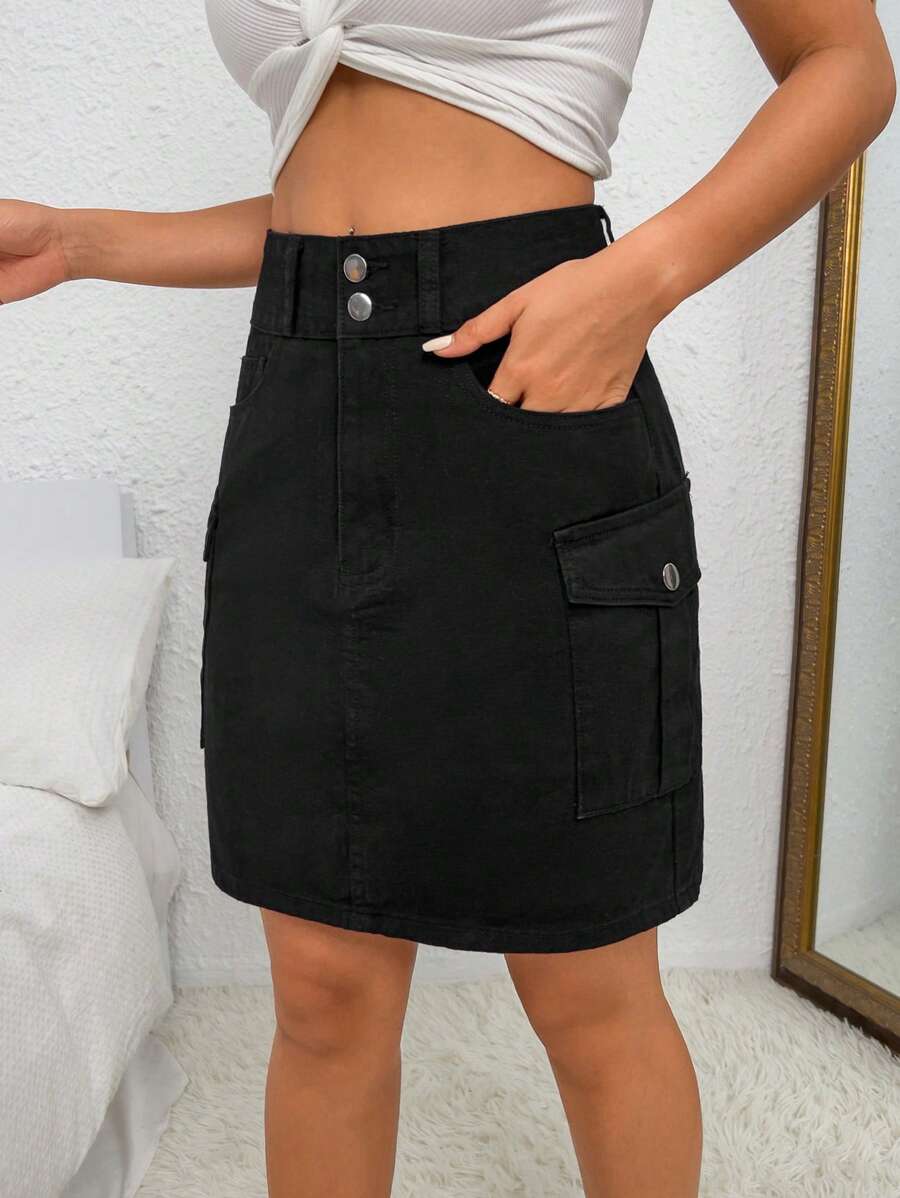 SHEIN Essnce Flap Pocket Side Cargo Denim Skirt - Black - View 1