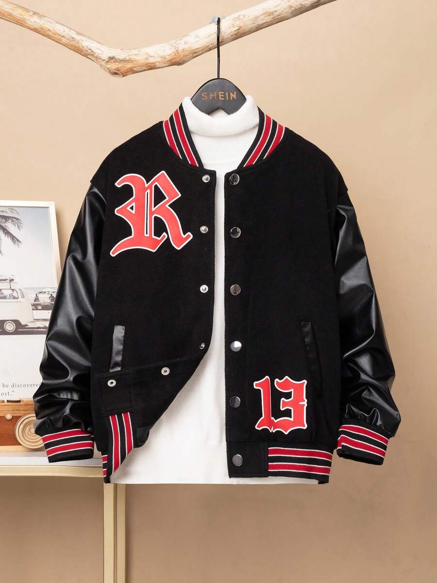 SHEIN 男大童字母圖案條紋飾邊落肩校隊夾克（不帶T恤） - 黑色 - 查看 1