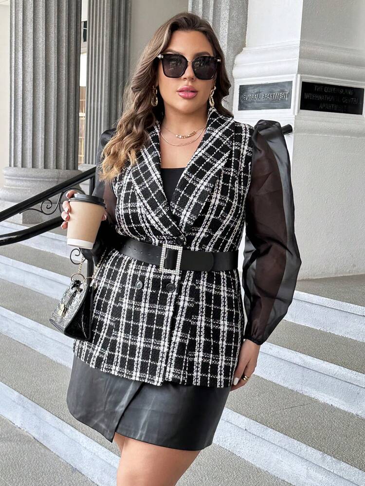Plus Plaid Pattern Contrast Mesh Lantern Sleeve Overcoat Without Belt