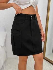 SHEIN Essnce Flap Pocket Side Cargo Denim Skirt - Black - View 4