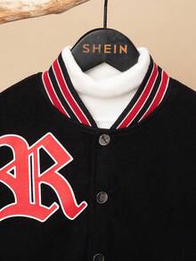 SHEIN 男大童字母圖案條紋飾邊落肩校隊夾克（不帶T恤） - 黑色 - 查看 3