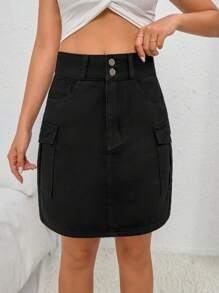 SHEIN Essnce Flap Pocket Side Cargo Denim Skirt - Black - View 5