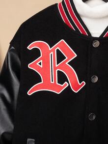 SHEIN 男大童字母圖案條紋飾邊落肩校隊夾克（不帶T恤） - 黑色 - 查看 5