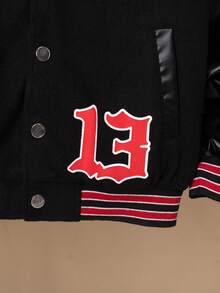 SHEIN 男大童字母圖案條紋飾邊落肩校隊夾克（不帶T恤） - 黑色 - 查看 6