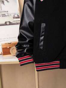 SHEIN 男大童字母圖案條紋飾邊落肩校隊夾克（不帶T恤） - 黑色 - 查看 7