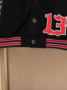 SHEIN 男大童字母圖案條紋飾邊落肩校隊夾克（不帶T恤） - 黑色 - 查看 8