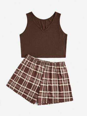 Plus Plaid Print Notched Neckline Tank Top & Shorts PJ Set