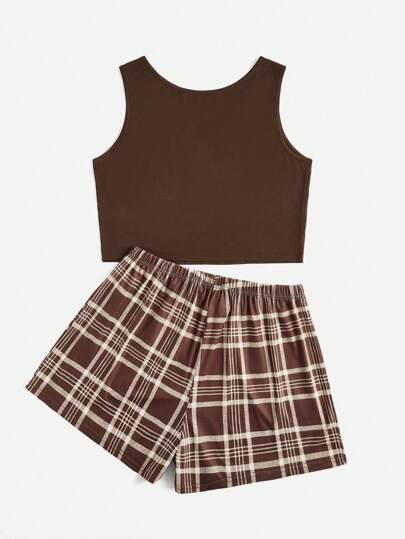 Plus À Carreaux Encolure crantée Top Sans Manches & Short Ensemble De Pyjama