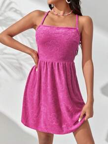 SHEIN VCAY Jacquard Lace Up Backless Cami Dress - Hot Pink - View 1