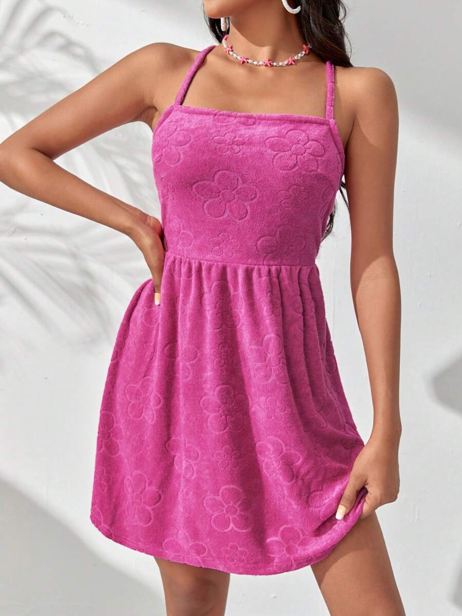 SHEIN VCAY Jacquard Lace Up Backless Cami Dress - Hot Pink - View 1