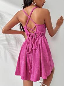 SHEIN VCAY Jacquard Lace Up Backless Cami Dress - Hot Pink - View 2