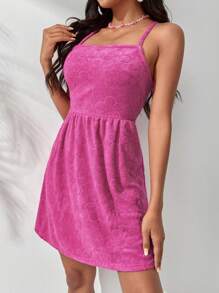 SHEIN VCAY Jacquard Lace Up Backless Cami Dress - Hot Pink - View 3