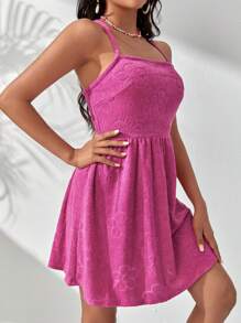SHEIN VCAY Jacquard Lace Up Backless Cami Dress - Hot Pink - View 5