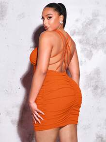 SHEIN BAE Hơn Crisscross Backless Xù Váy bodycon - trái cam - Xem 1