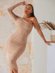 RueChic One Shoulder Ruched Mesh Bodycon Dress