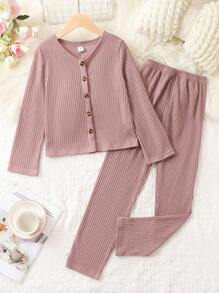 女大童條紋針織前紐扣T恤和褲子 - 藕粉色 - 查看 1