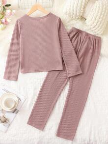 女大童條紋針織前紐扣T恤和褲子 - 藕粉色 - 查看 2