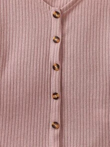 女大童條紋針織前紐扣T恤和褲子 - 藕粉色 - 查看 4