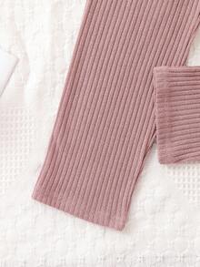 女大童條紋針織前紐扣T恤和褲子 - 藕粉色 - 查看 5