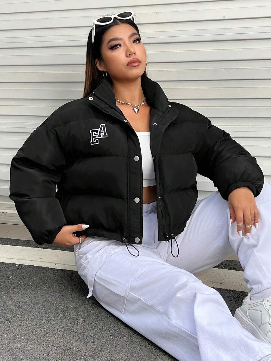 SHEIN EZwear Plus Letter Graphic Drawstring Hem Padded Coat - Black - View 1