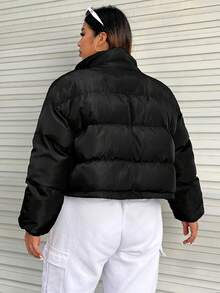 SHEIN EZwear Plus Letter Graphic Drawstring Hem Padded Coat - Black - View 2