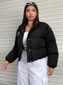 SHEIN EZwear Plus Letter Graphic Drawstring Hem Padded Coat - Black - View 3