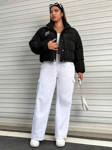 SHEIN EZwear Plus Letter Graphic Drawstring Hem Padded Coat - Black - View 4