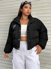 SHEIN EZwear Plus Letter Graphic Drawstring Hem Padded Coat - Black - View 5