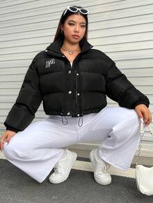 SHEIN EZwear Plus Letter Graphic Drawstring Hem Padded Coat - Black - View 6