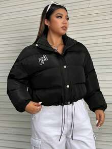 SHEIN EZwear Plus Letter Graphic Drawstring Hem Padded Coat - Black - View 7