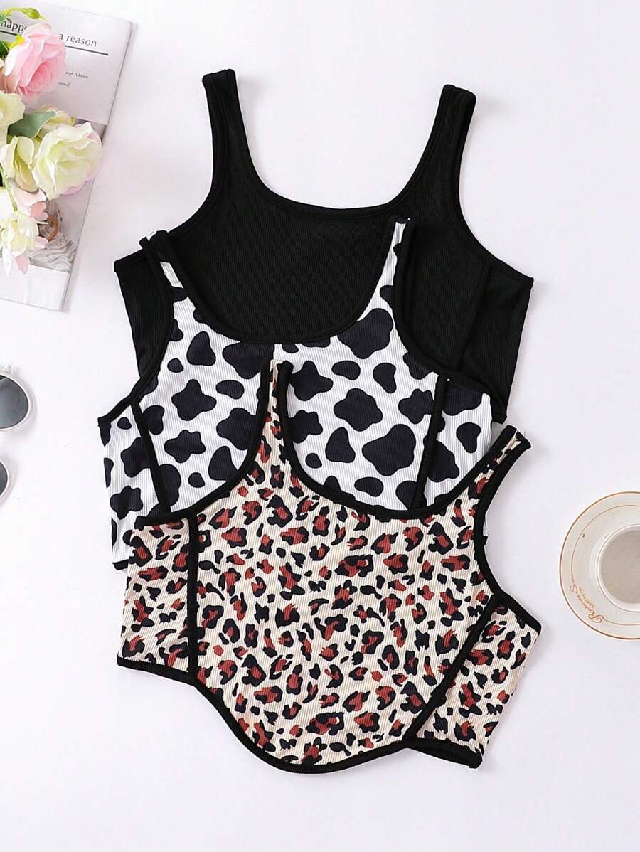 Teen Girl 3pcs Leopard Print Contrast Binding Tank Top - Multicolor - View 1