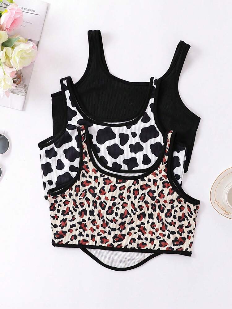 Teen Girl 3pcs Leopard Print Contrast Binding Tank Top