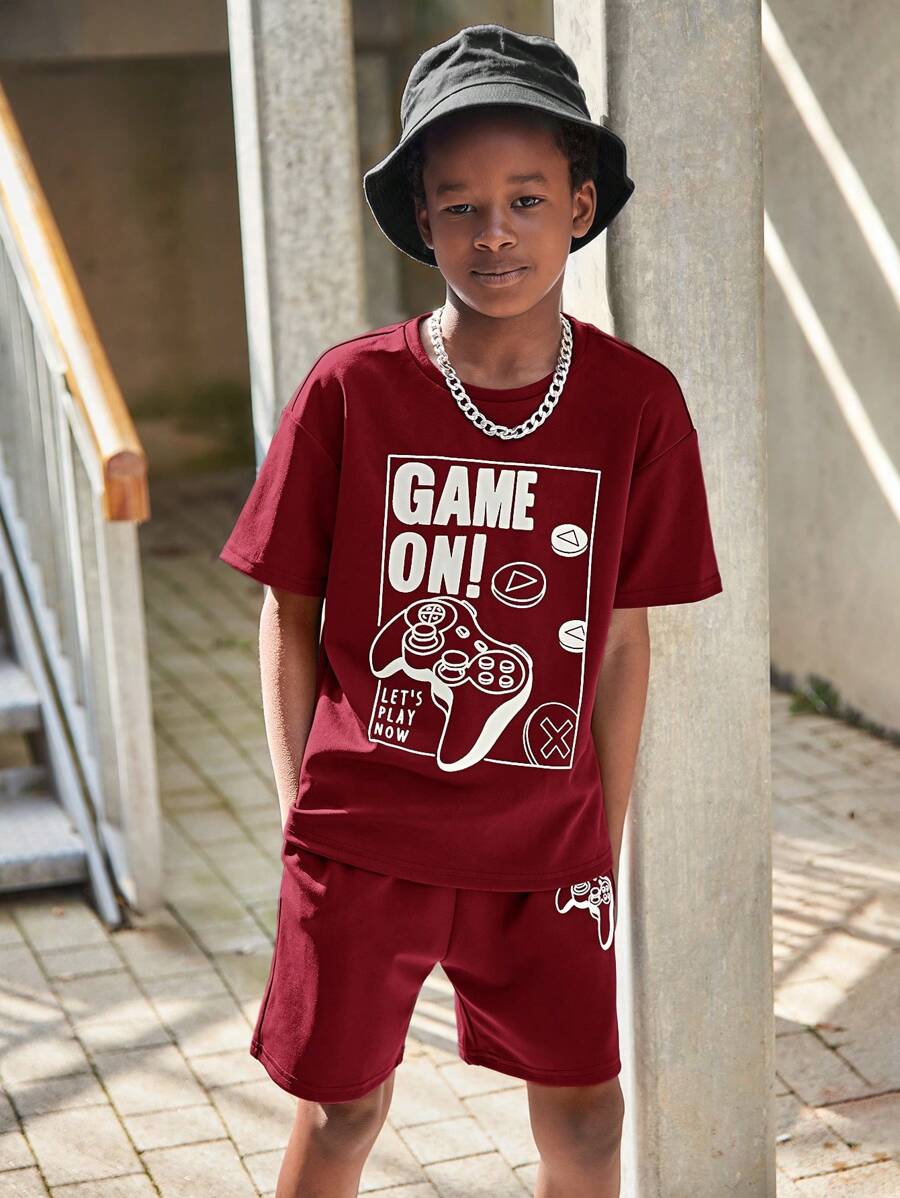 SHEIN Tween Boy Slogan Graphic Tee & Shorts - Burgundy - View 1