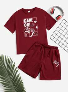SHEIN Tween Boy Slogan Graphic Tee & Shorts - Burgundy - View 3
