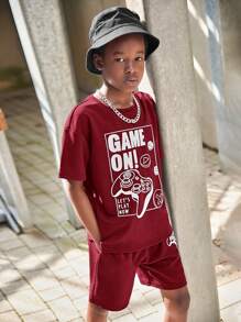 SHEIN Tween Boy Slogan Graphic Tee & Shorts - Burgundy - View 4