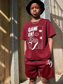 SHEIN Tween Boy Slogan Graphic Tee & Shorts - Burgundy - View 5