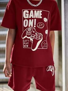 SHEIN Tween Boy Slogan Graphic Tee & Shorts - Burgundy - View 6